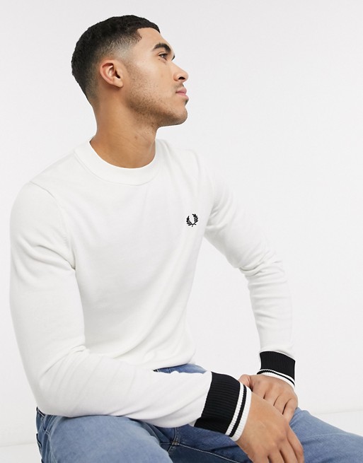 Fred Perry abstract tipped crew neck jumper in white