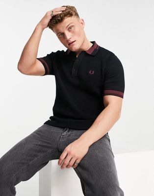 Fred Perry abstract tipped knitted polo in black