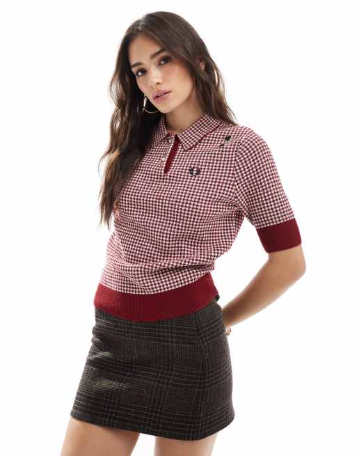 Fred Perry × Amy Winehouse – Czerwono-biała dzianinowa koszula w kratę vichy z krótkim rękawem