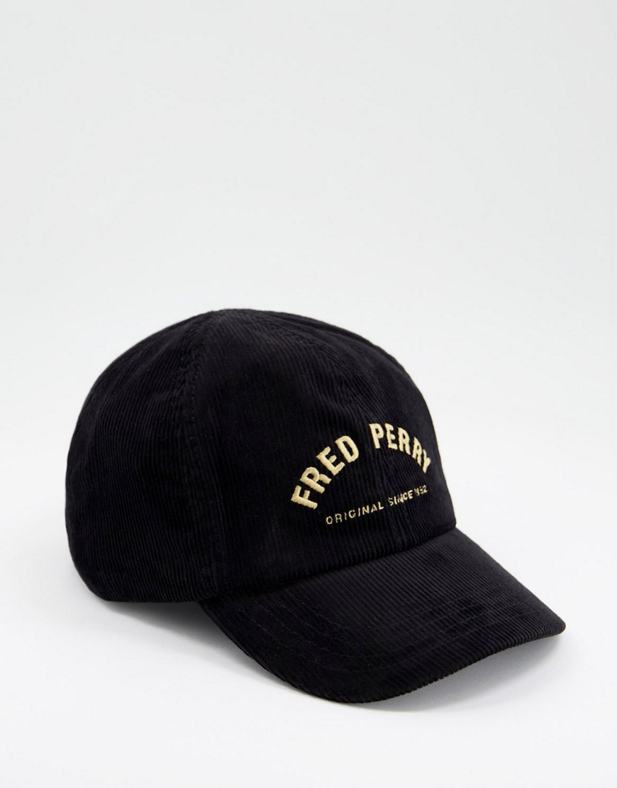 Fred Perry arch branded corduroy cap in black