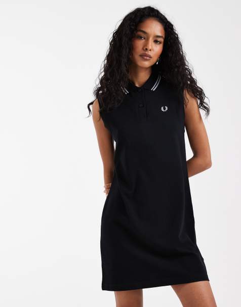 Fred Perry – Ärmelloses Mini-Hemdblusenkleid in Schwarz mit Zierstreifen in gedecktem Blau - view 1