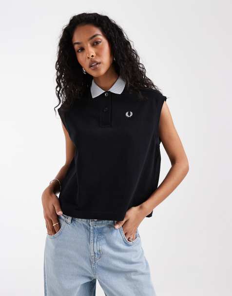 Fred Perry – Ärmelloses Polohemd in Schwarz mit kontrastierendem Kragen aus Netzstoff - view 1