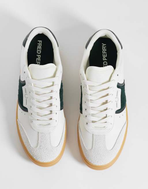 Fred Perry B4 logo textured suede leather trainers in ecru/green, 2 of 5
