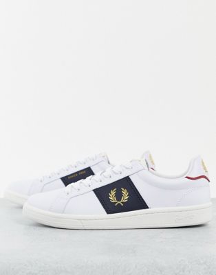 Fred Perry B721 leather navy side panel trainers in white