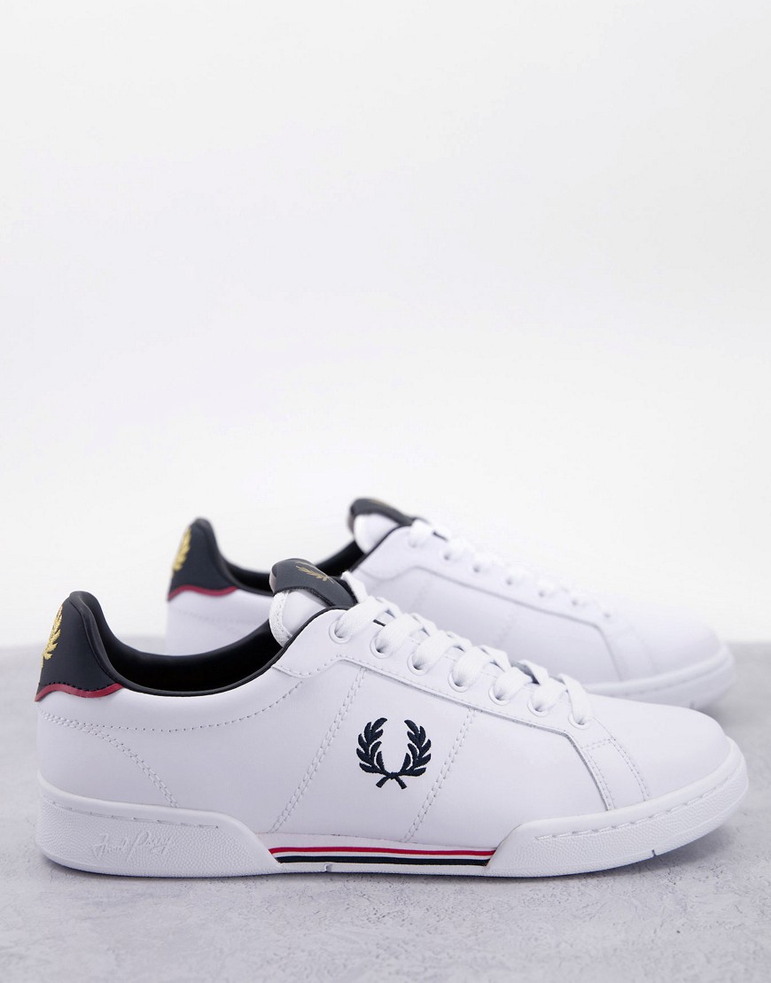 Fred Perry B722 leather sneakers with stripe detail in white/ navy