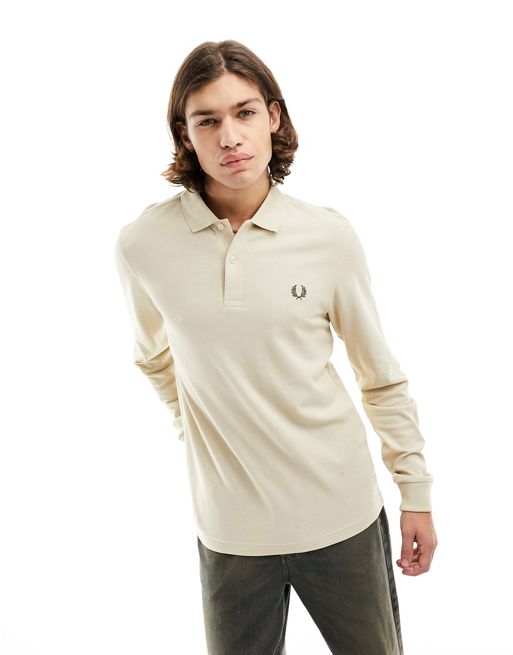 Fred Perry – Beige, långärmad pikétröja med logga 