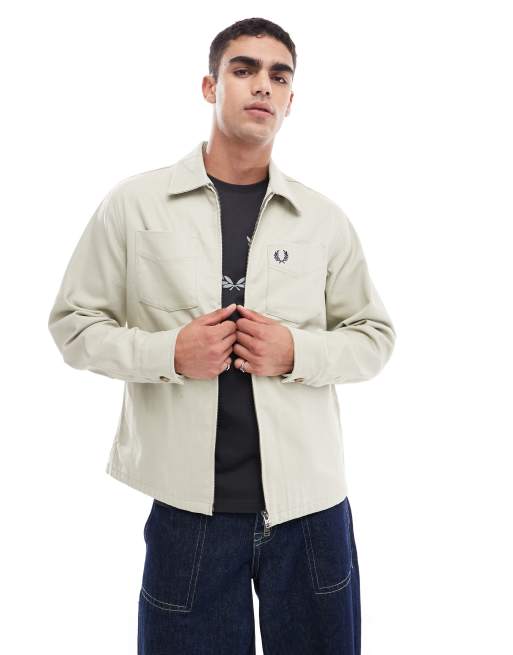 Fred Perry – Beżowa zapinana na suwak koszula wierzchnia z długimi rękawami z diagonalu