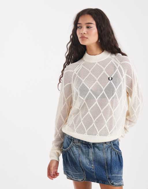 Fred Perry – Biały sweter z siateczkowej dzianiny w romby, 3 z 4