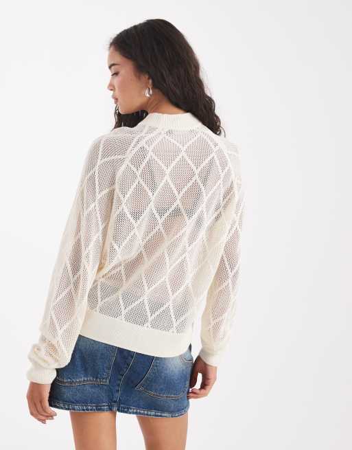 Fred Perry – Biały sweter z siateczkowej dzianiny w romby, 4 z 4