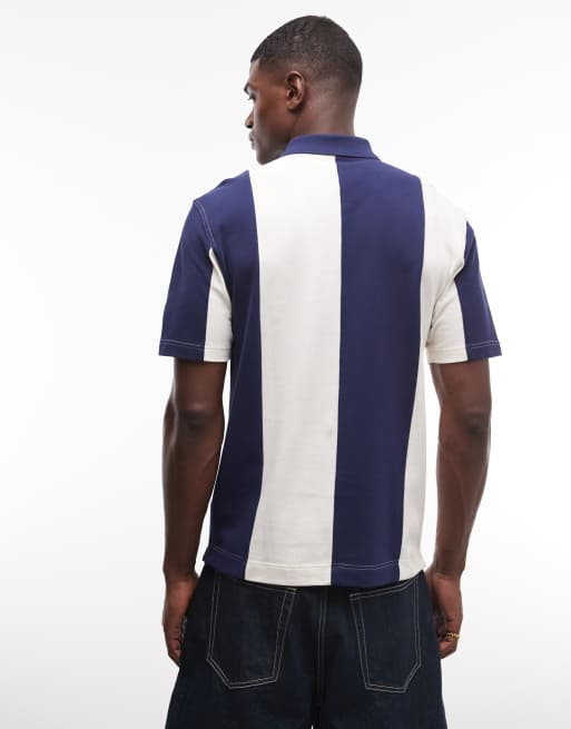 Fred Perry – Blå och vit pikétröja med randig panel, 5 av 9
