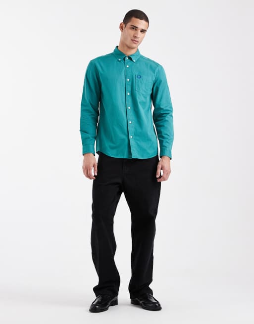 Fred Perry - Blågrøn skjorte med lomme med logo i vasket twill i afslappet pasform , 2 af 5