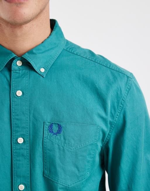 Fred Perry - Blågrøn skjorte med lomme med logo i vasket twill i afslappet pasform , 5 af 5