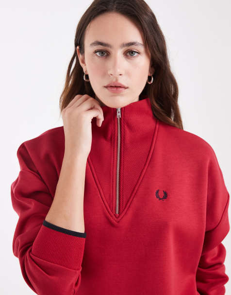 Fred Perry bluza z krótkim zamkiem, wysokim kołnierzem i logo, czerwona - view 1