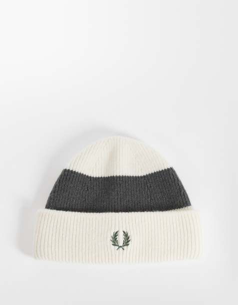 Fred Perry bold stripe ribbed beanie in khaki and ecru - view 1