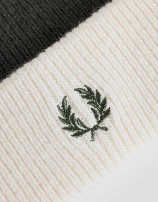 Fred Perry bold stripe ribbed beanie in khaki and ecru, 2 of 3