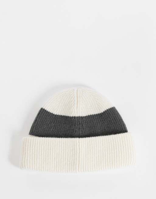 Fred Perry bold stripe ribbed beanie in khaki and ecru, 3 of 3