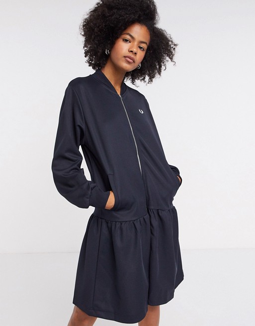 Fred Perry bomber dress with dropped hem in navy