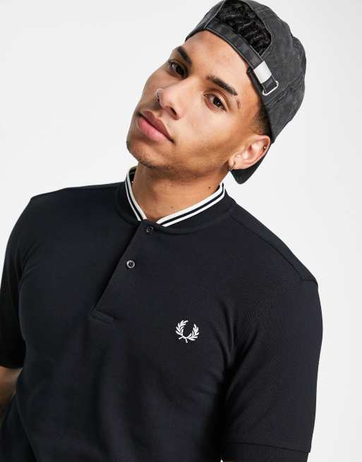 Fred Perry bomber jacket neck pique polo in black | ASOS