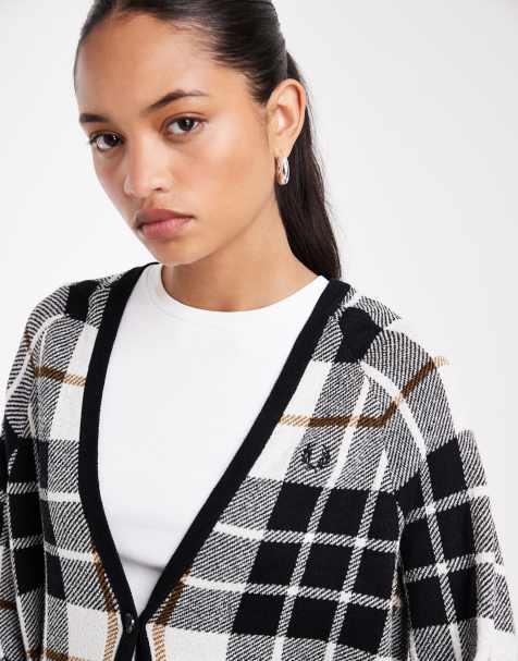Fred Perry boucle tartan cardigan in ecru - view 1