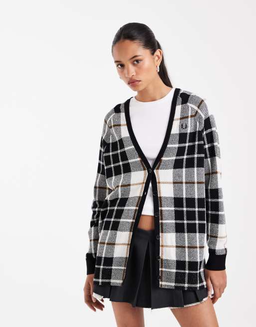 Fred Perry boucle tartan cardigan in ecru, 3 of 4