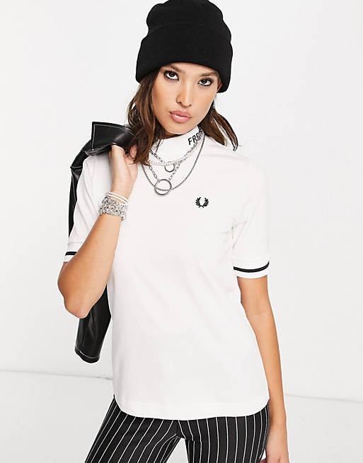 Women Fred Perry branded high neck t-shirt in white 