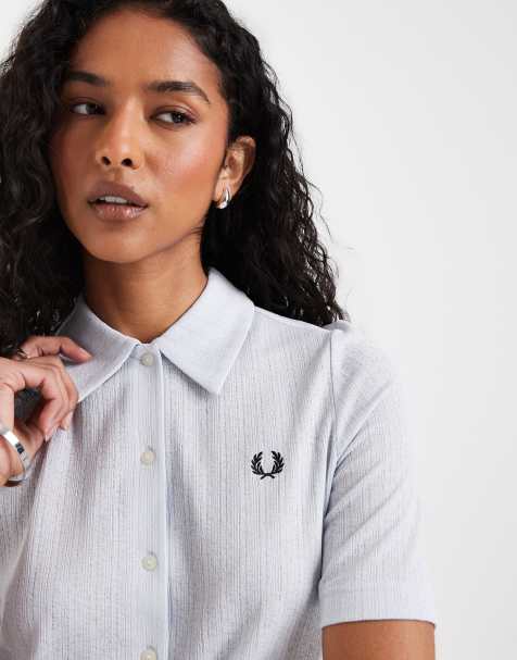 Fred Perry button through sheer ribbed polo shirt in pale blue - view 1