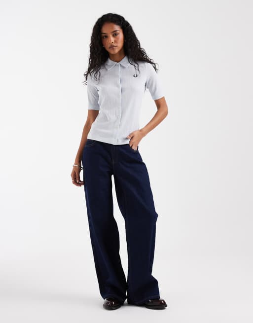 Fred Perry button through sheer ribbed polo shirt in pale blue | ASOS