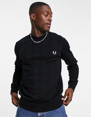 Fred Perry cable knit crew neck jumper in black