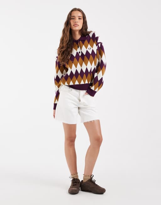 Fred Perry camicia lavorata a maglia jacquard a rombi color prugna