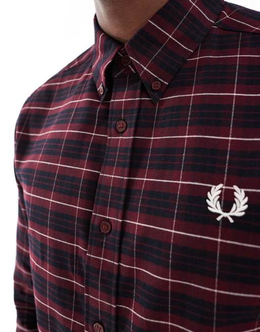 Fred Perry - Camicia Oxford a maniche lunghe rosso scuro a quadri scozzesi, 4 di 4