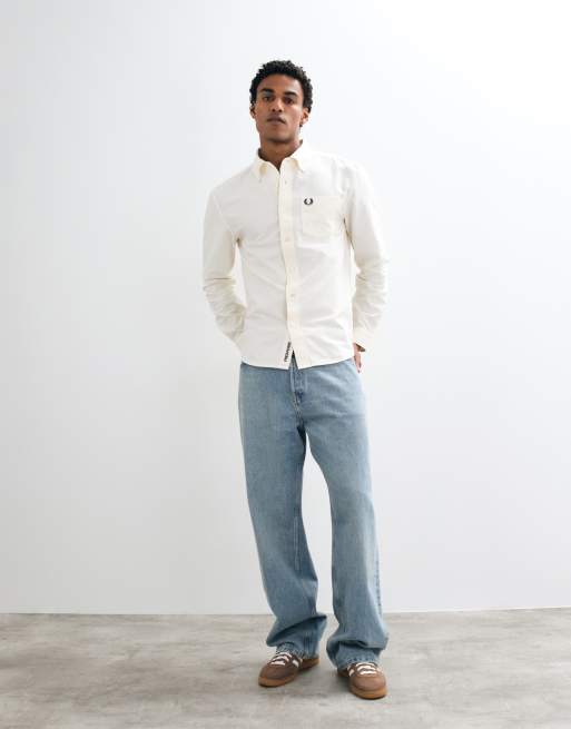 Fred Perry camicia Oxford relaxed con logo, a maniche lunghe, color ecrù, 4 di 5