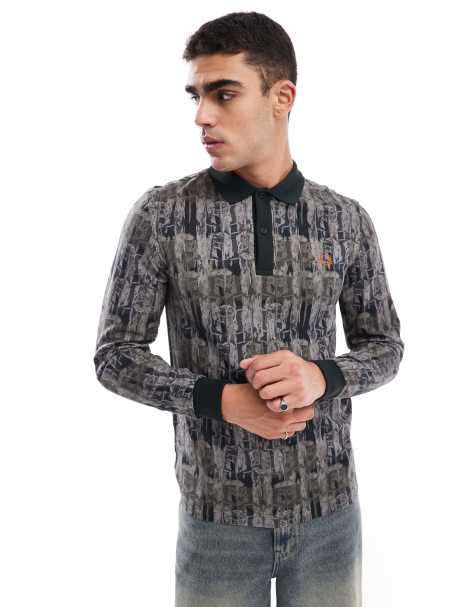 Fred Perry - Camicia stile polo a maniche lunghe verde con stampa foresta mimetica - view 1