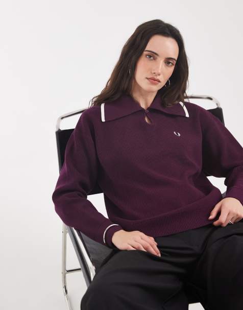 Fred Perry - camisa de punto con cuello ancho en contraste en ciruela - view 1