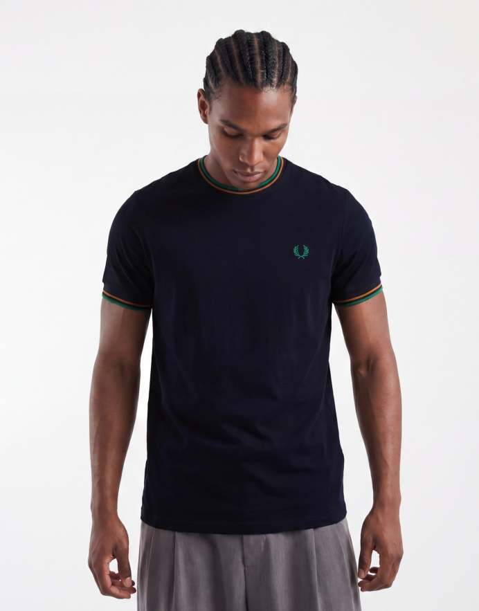 Fred Perry camiseta con ribetes dobles en azul marino, camel y verde