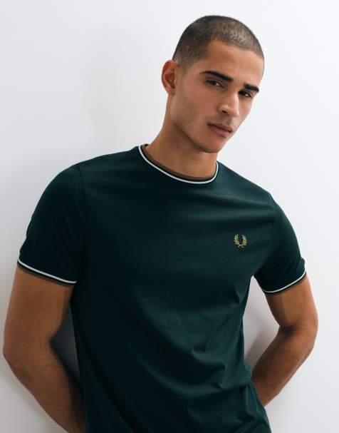 Fred Perry camiseta de manga corta con logo y doble ribete en verde oscuro - view 1