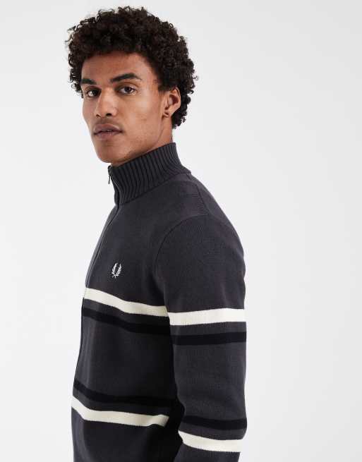 Fred Perry - Cardigan grigio a righe con logo e zip, 3 di 5