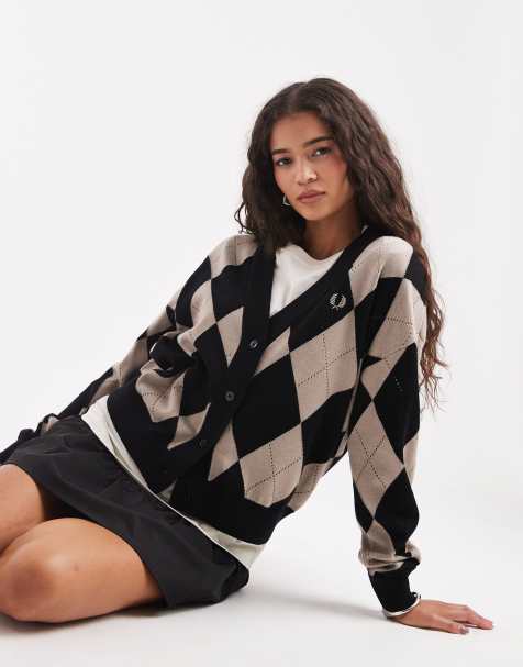 Fred Perry - Cardigan traforato nero e beige a losanghe - view 1