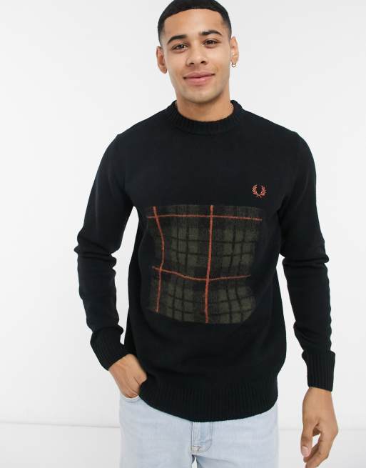 Fred Perry check panel knitted sweater in black | ASOS