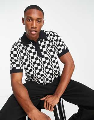 Fred Perry checkerboard knitted polo shirt in black