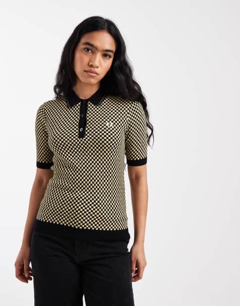Fred Perry - Chemise manches courtes en maille à motif damier et logo - Noir/doré - view 1