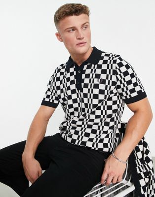 Fred Perry chequerboard knitted polo shirt in black | ASOS