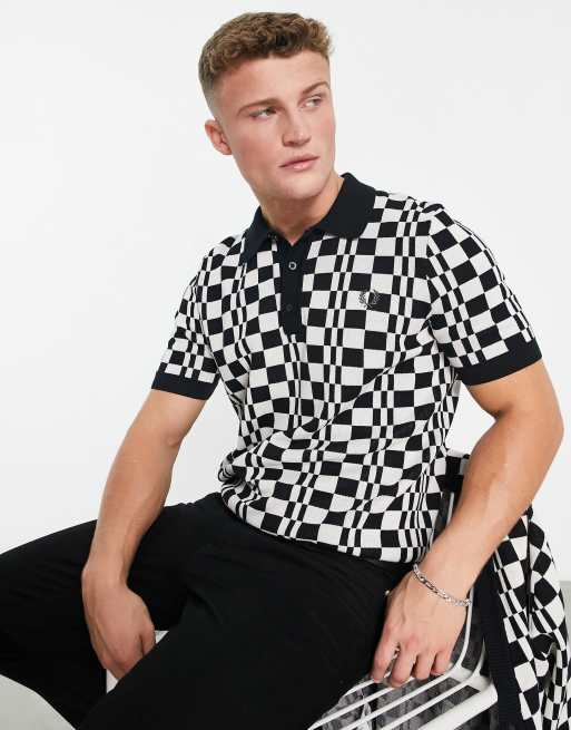 Fred Perry chequerboard knitted polo shirt in black ASOS