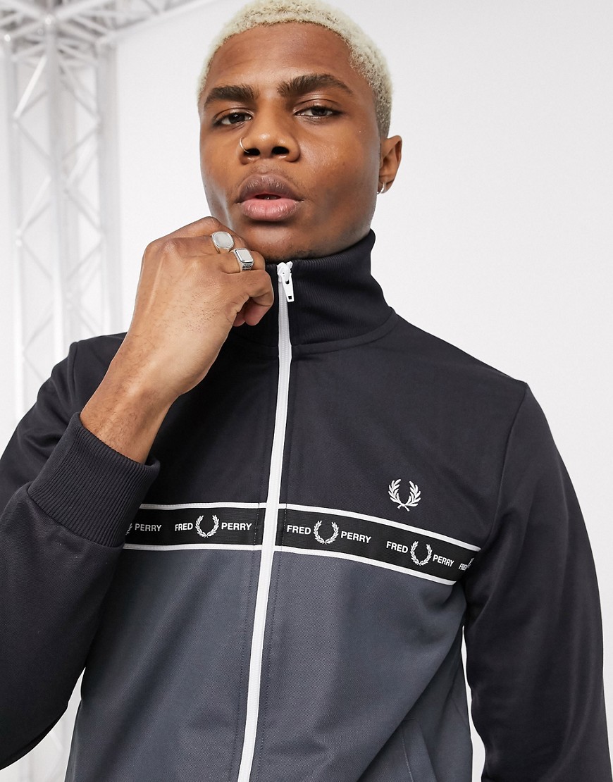Fred Perry chest taped cut and sew track jacket in black and grey-Blue