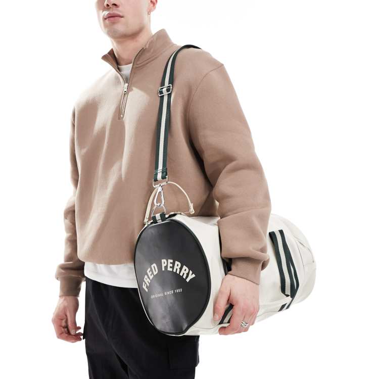 Fred Perry classic barrel bag in off white and green | ASOS