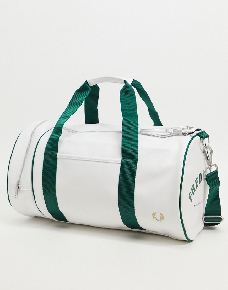 Fred Perry Classic Barrel Bag In White With Green
