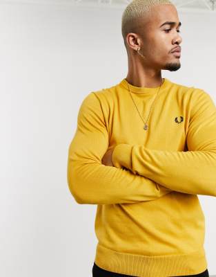 Fred Perry classic cotton crew neck jumper in yellow