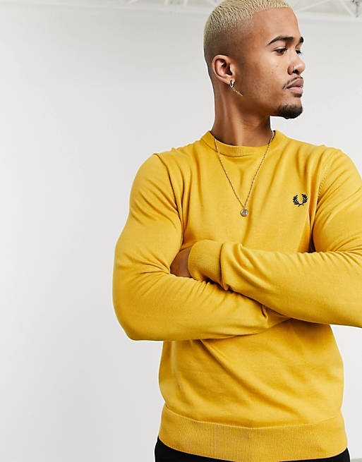 Fred Perry classic cotton crew neck jumper in yellow | ASOS