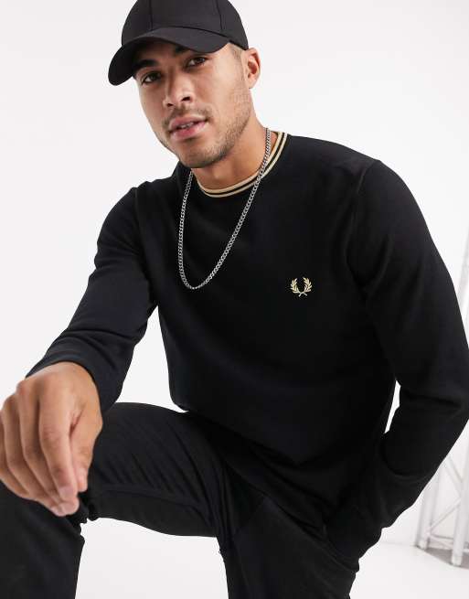 Fred Perry classic crew neck jumper in black/champagne