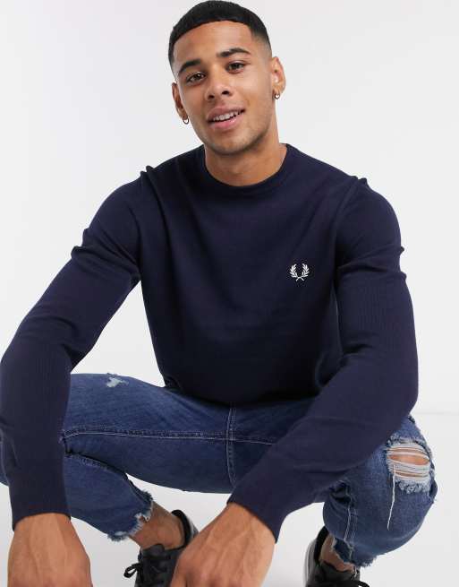 Fred Perry classic crew neck sweater in navy ASOS