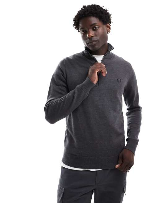 Fred Perry classic half zip knitted sweater in dark gray | ASOS